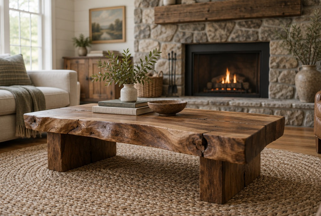 A chunky live-edge solid wood coffee table on a braided rug in front of a stone fireplace in a farmhouse living room