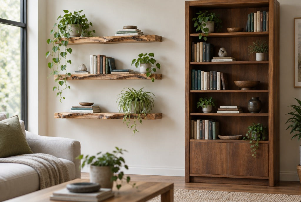 A living room wall with live-edge floating shelves on one side and a tall solid wood bookcase on the other, books and plants