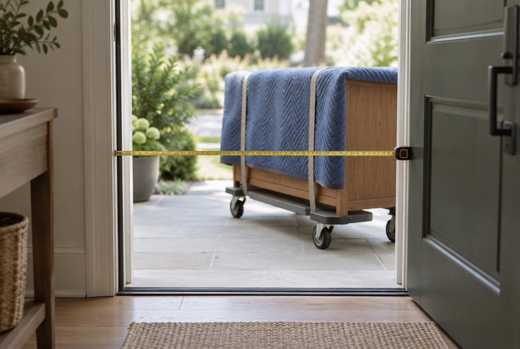 A tape measure across an open front doorway with a blanket-wrapped wooden console on a dolly outside