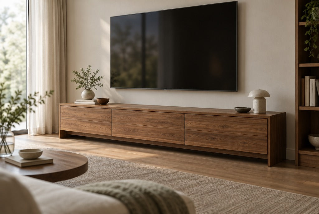 A long solid wood TV console with drawers under a large wall-mounted TV in a calm living room