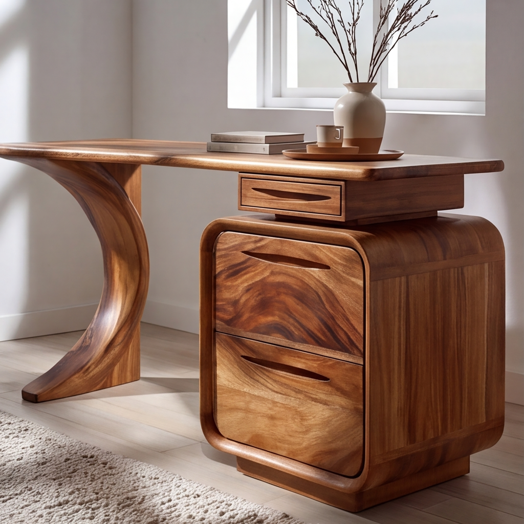 Aurelith Sculpted Solid Wood Desk With Drawers