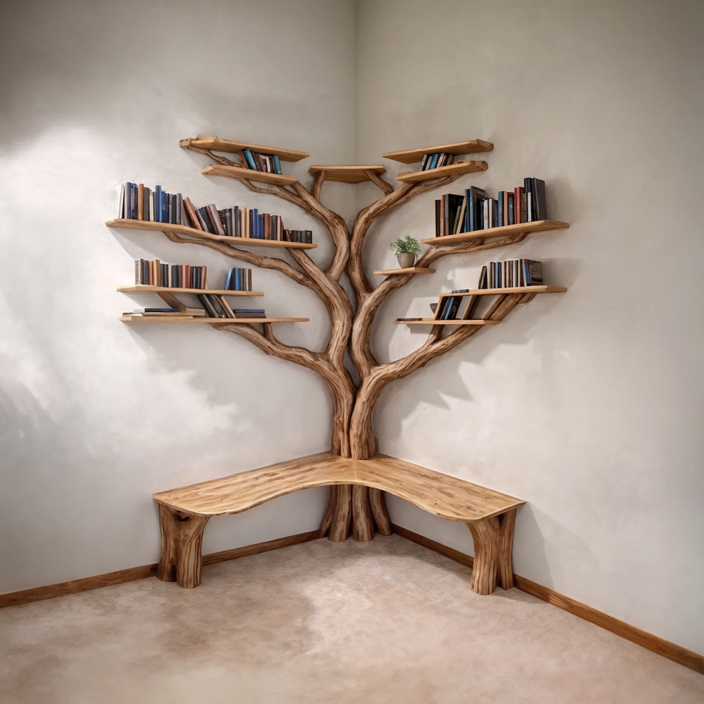 Tree Floating Corner Bookshelf With Corner Bench Lshaped