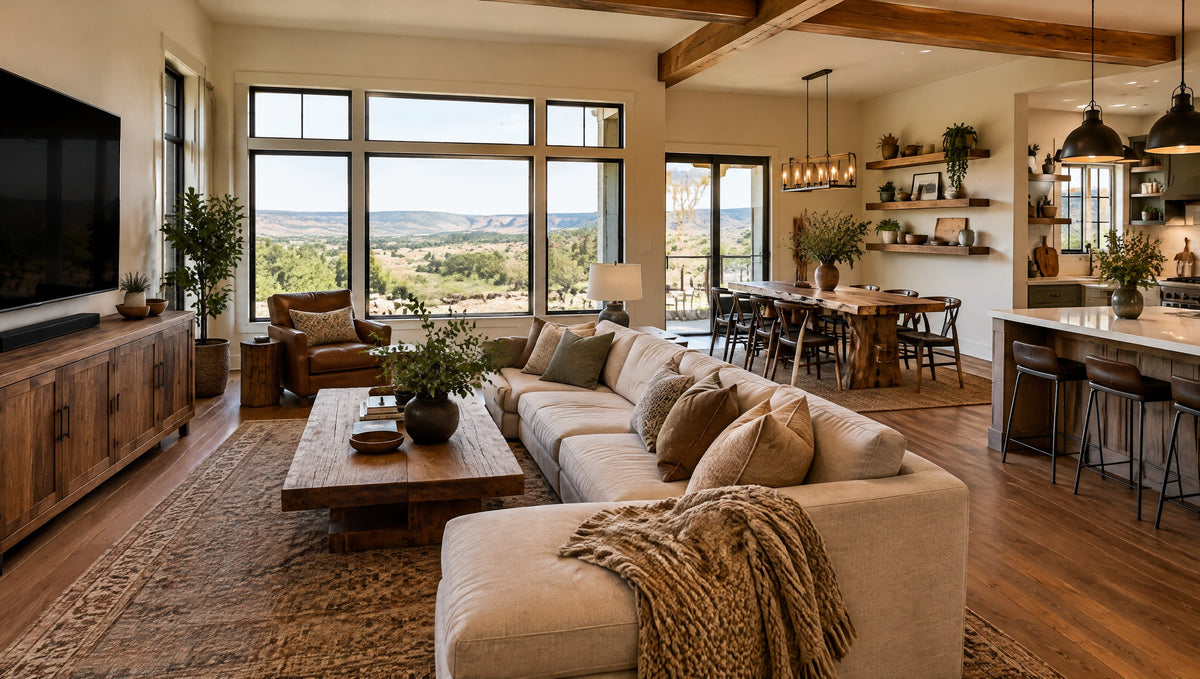 A farmhouse great room with a solid wood TV console, dining table and floating shelves