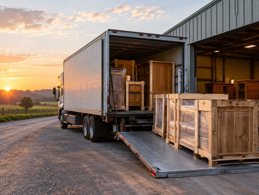 A freight truck being loaded with crated solid wood furniture outside a rural warehouse
